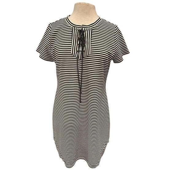 Cabi nautical Striped Black & White Short-Sleeve Dress  Lace-Up Front Style Medi - Picture 1 of 8